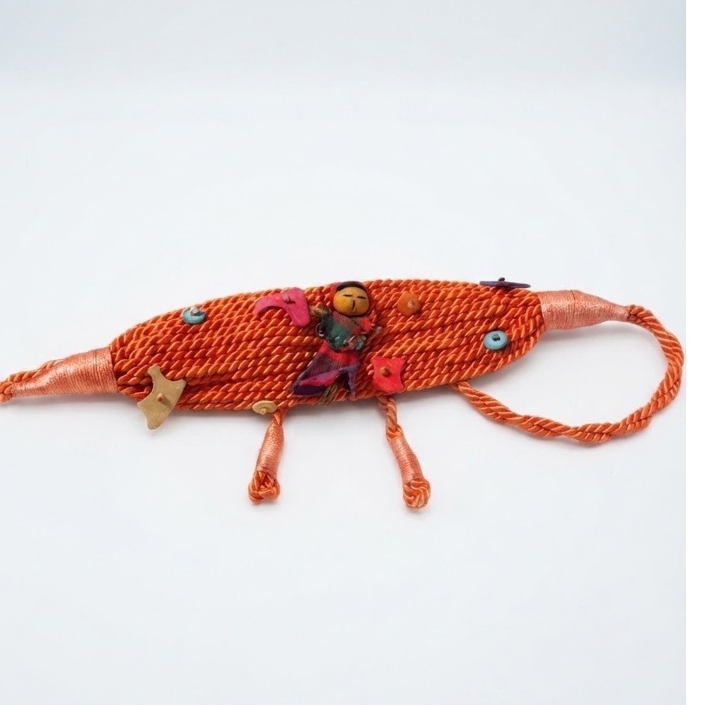 Vintage Handcrafted Orange Rope Belt Worry Doll Charms Bohemian Folk Art Belt